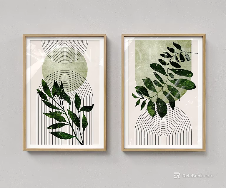 Two Wooden Framed Botanical Paintings with Green Leaves and Geometric Patterns for Wall Decor 3d model 