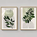 Two Wooden Framed Botanical Paintings with Green Leaves and Geometric Patterns for Wall Decor