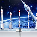 Rocket Models Exhibition With Starry Sky Background Earth View And Person At Display Platform