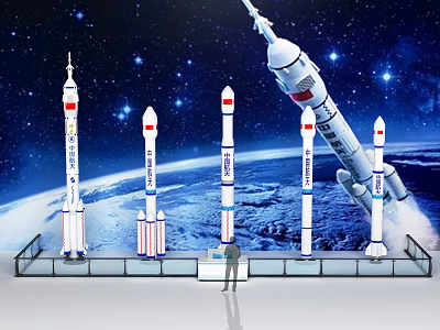 Rocket Models Exhibition With Starry Sky Background Earth View And Person At Display Platform 3d model