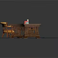 Wooden Writing Table With Intricate Details And Upholstered Armchair On Decorative Round Rug