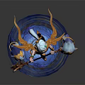 Mythical Female Character With Golden Wings Magic Staff And Small Creatures On Blue Aura Base