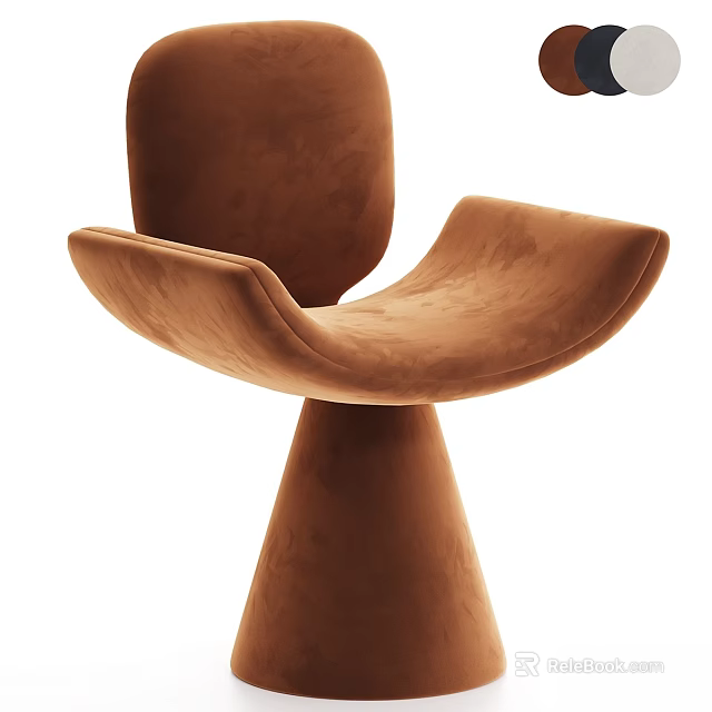 Modern Brown Suede Single Chair With Curved Backrest And Conical Base 3d model 
