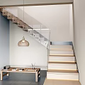 Wooden Staircase with Glass Railing Light Colored Steps LED Strip Lights and Pendant Light