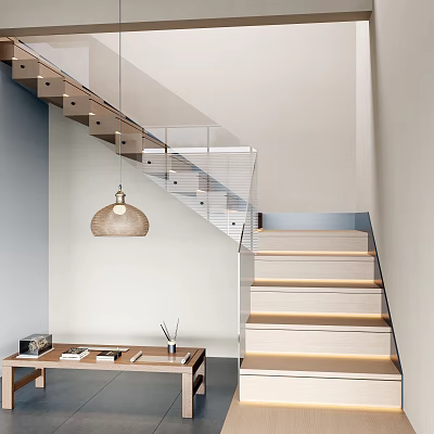 Wooden Staircase with Glass Railing Light Colored Steps LED Strip Lights and Pendant Light 3d model