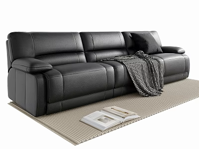 Modern Black Leather Three-Seater Sofa With Plaid Blanket And Magazine On Rug 3d model