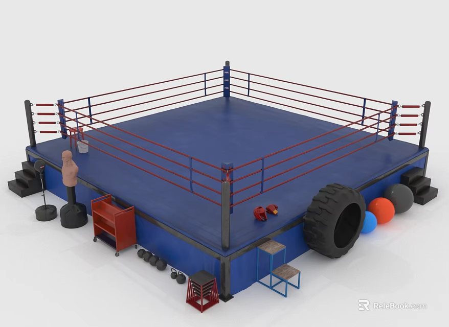 Professional Sports Equipment Setup With Boxing Ring Punching Bag Dumbbells Training Tire And Colored Balls 3d model 