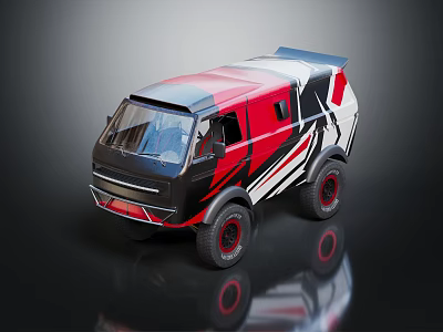 Modern Off Road Truck With Red Black White Geometric Design And Large Wheels 3d model