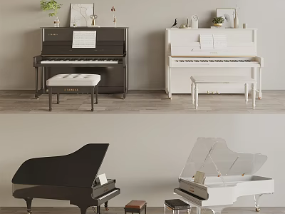 Collection of Musical Instruments and Art Supplies Featuring Pianos Paintbrushes and Canvas Art Tools 3d model