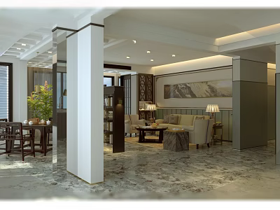 Elegant Living and Dining Room Interior With Marble Floor Sofa Coffee Table And Decorative Painting 3d model