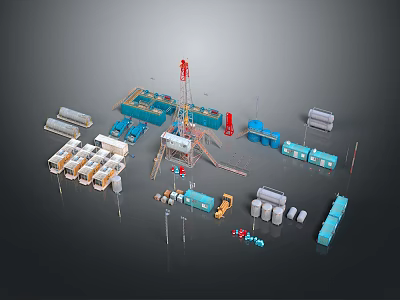 Oilfield Drilling Equipment Setup With Rig Trucks Containers And Storage Tanks 3d model