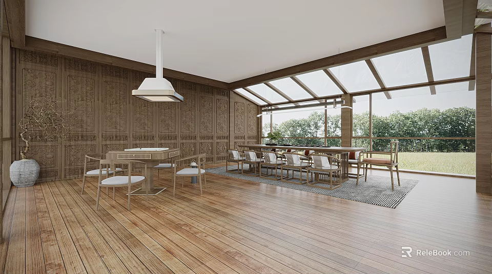 Serene Tea Room Interior With Wooden Walls Flooring Large Windows And Wooden Tables 3d model 