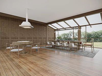 Serene Tea Room Interior With Wooden Walls Flooring Large Windows And Wooden Tables 3d model