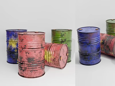 Rusted Industrial Metal Drums In Various Colors For Industrial Storage Equipment 3d model