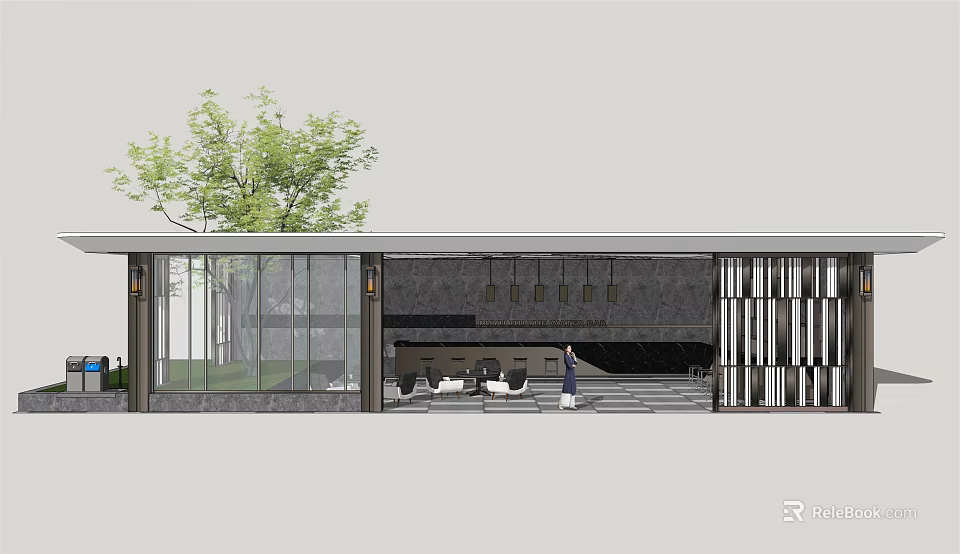 Modern Pergola Design With Glass Curtain Stone Walls And Green Trees Around 3d model 