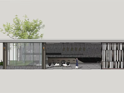 Modern Pergola Design With Glass Curtain Stone Walls And Green Trees Around 3d model