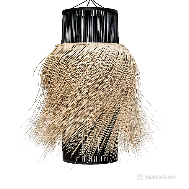 Natural Bohemian Chandelier With Black Frame And Beige Feather Like Tassels 3d model 