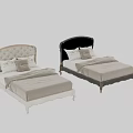 Vintage Double Bed With Tufted Beige Headboard And Dark Wooden Frame