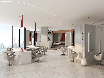 Modern Hair And Beauty Salon Interior With Stylish Chairs Mirrors And Open Layout Design 3d model