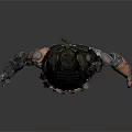 Muscular Tactical Character With Mechanical Arm Helmet Armor And Black Boots