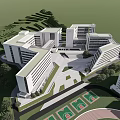 Modern School Building With White Exterior Green Lawn Track Field And Trees