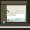 Modern Room Interior With White Beige Roman Blinds Lake City View And Potted Green Plant