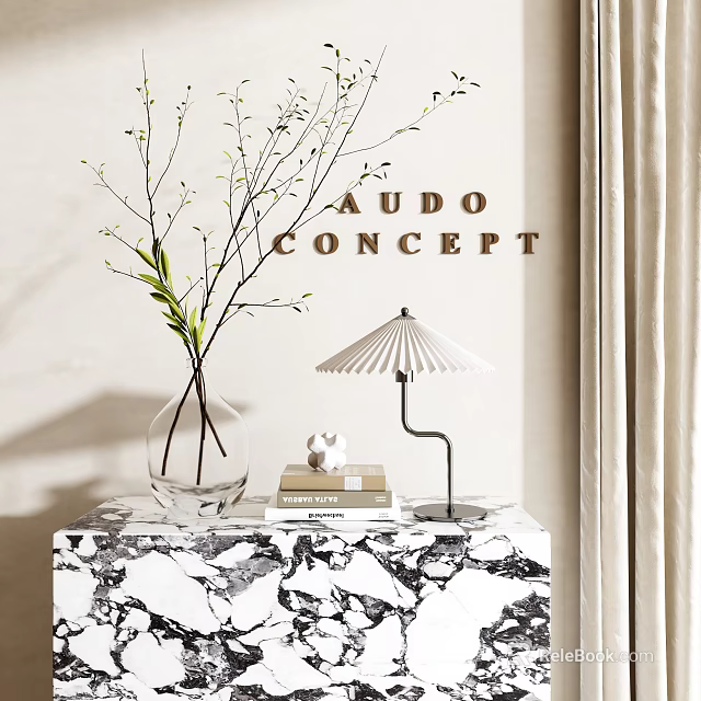 Decorative Ornament Set with Transparent Vase Branches Table Lamp Books and Marble Cabinet Top 3d model 