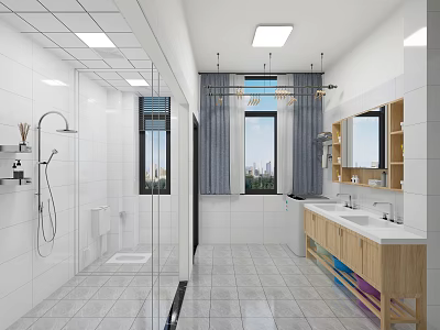 Modern Other Bathroom Interior With White Tiles Glass Shower And Wooden Vanity 3d model