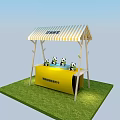 Promotional Ground Display Stack With Yellow Structure Striped Awning Panda Toys On Green Grass