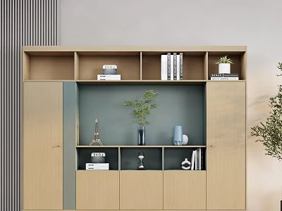 Modern Wooden Storage Cabinet with Compartments Doors Potted Plant Books and Miniature Decor 3d model