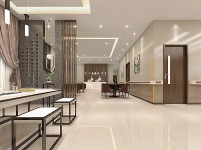 Modern Restaurant Interior Featuring Open Layout Pendant Lights Dining Tables And Marble Floor 3d model