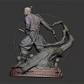 Elderly White Haired Samurai With Sword And Small Creatures On Red Base