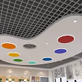 School Cafeteria Interior With Colorful Circular Ceiling Wooden Tables And Chairs