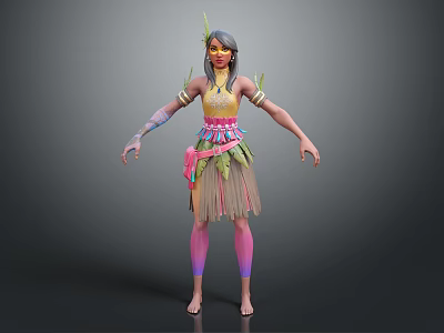 Colorful Tribal Fantasy 3D Game Character With Feathered Headdress Fringed Skirt Arm Leg Paint 3d model
