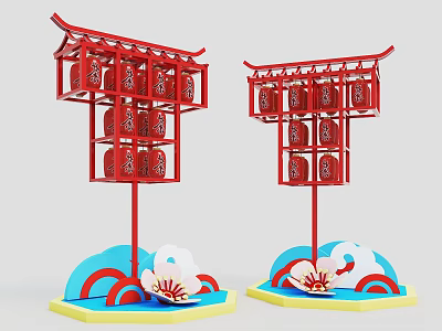 Chinese Red Lantern Structures With Multiple Small Lanterns Blue Wave And Yellow Flower Base Decor 3d model