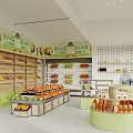 Fresh Fruits Display in Green Decor Fruit Store with Shelves and Counter