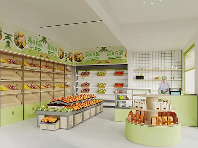 Fresh Fruits Display in Green Decor Fruit Store with Shelves and Counter 3d model