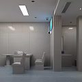 Public Restroom Interior With Multiple Stalls Blue Walls And Gray Doors