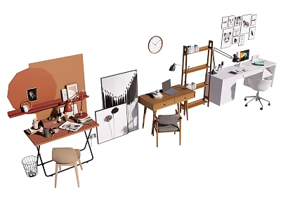 Modern Home Office Desk With Wooden Design Chair Lamp Bookshelf Clock And Wall Art 3d model