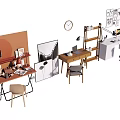 Modern Home Office Desk With Wooden Design Chair Lamp Bookshelf Clock And Wall Art