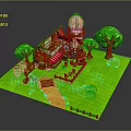 Cartoon Style House Scene With Red Roof Dome Tower Trees Lawn And Wooden Path