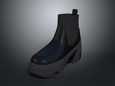 Black Leather Ankle Boots With Thick Sole Chunky Heel And Elastic Panel Design 3d model