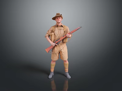 Man in Khaki Outfit and Hat Holding Rifle Against Gray Background 3d model