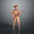 Man in Khaki Outfit and Hat Holding Rifle Against Gray Background