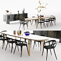 Modern Rectangular Dining Table Set With Black Chairs Gold Legs And Sideboard Decorative Vases 3d model