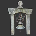 Ancient Bronze Bell Hanging On Stone Frame As Traditional Musical Instrument Decor