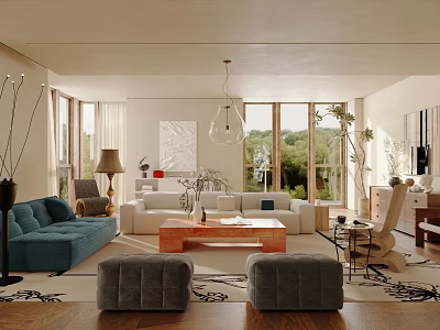 Living Room Interior With Blue White Sofas Wooden Coffee Table Large Windows And Gray Ottomans 3d model