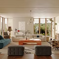Living Room Interior With Blue White Sofas Wooden Coffee Table Large Windows And Gray Ottomans