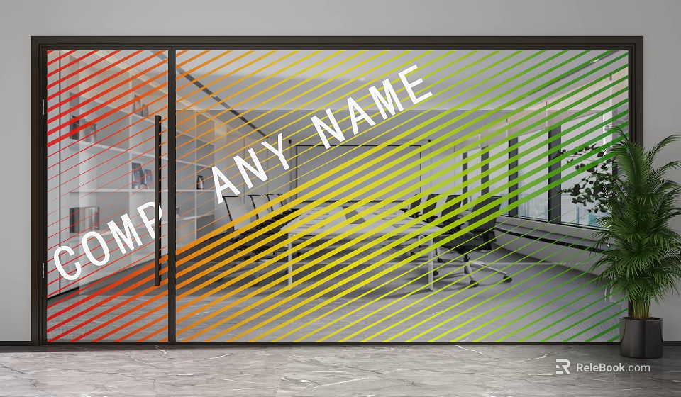 Modern Colorful Striped Glass Partition For Office Interior With Workstation And Plant 3d model 
