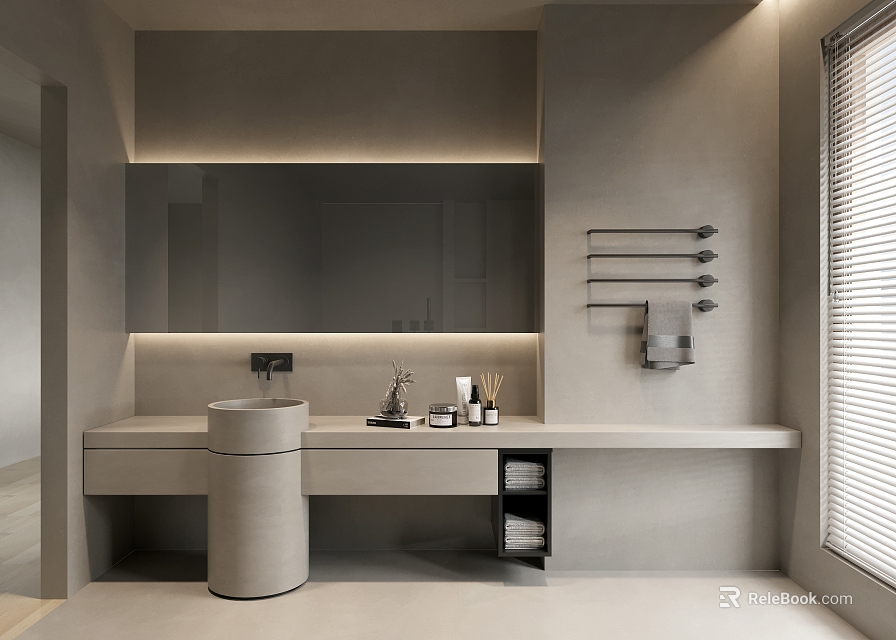 Modern Bathroom Interior With Large Mirror Circular Sink Gray Tone And Wall Towel Rack 3d model 